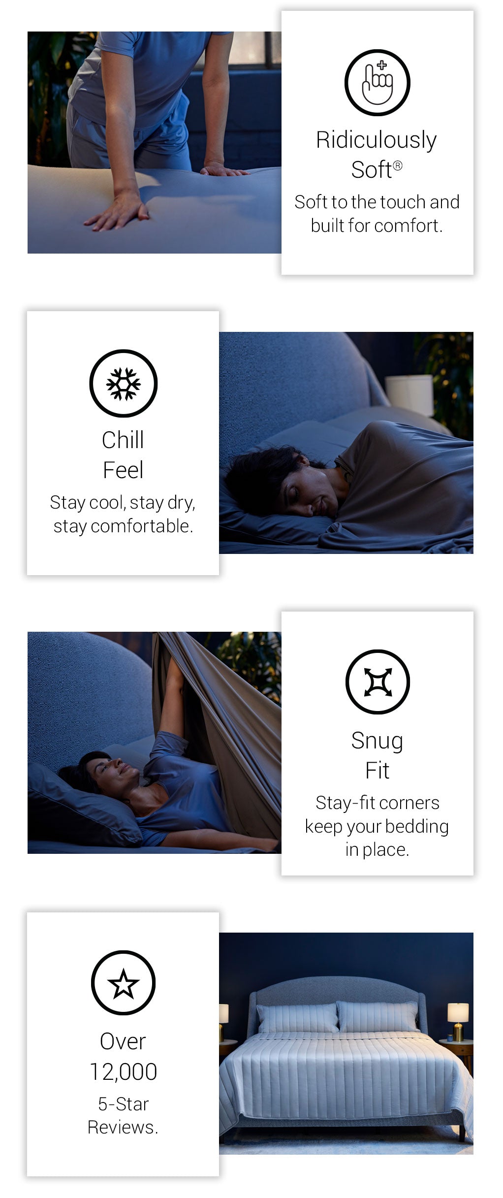 Infographics showing SHEEX are Ridiculously Soft, have a Chill Feel, Snug Fit, and have over 12,000 five-star reviews