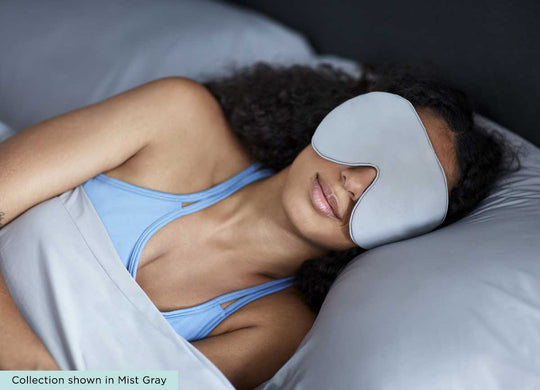 Model Wearing MIDNIGHT LABEL Cooling Sleep Mask #choose-your-color_spa-blue