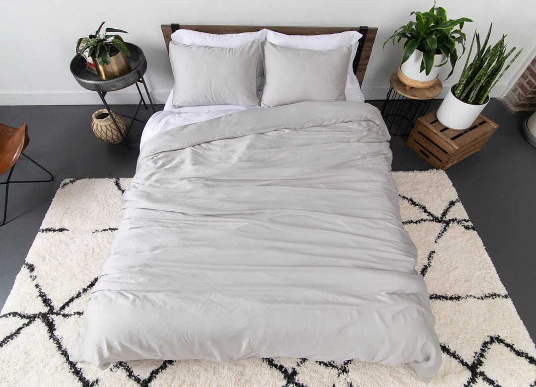 Arctic Aire Duvet Set Lifestyle Image Shown in Silver #choose-your-color_silver