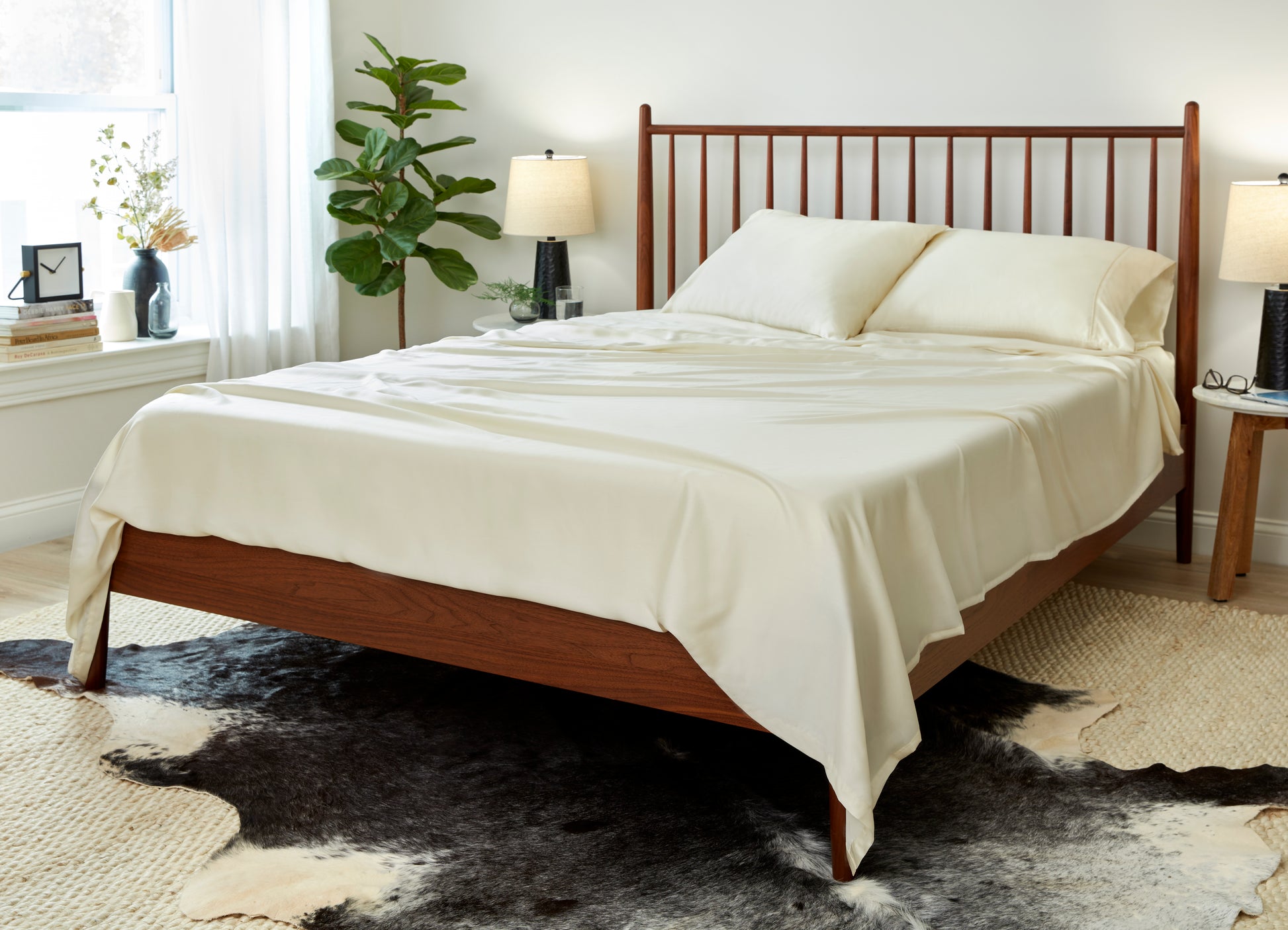 Arctic Aire•MAX Sheet Set on bed in room environment, Ivory #choose-your-color_ivory