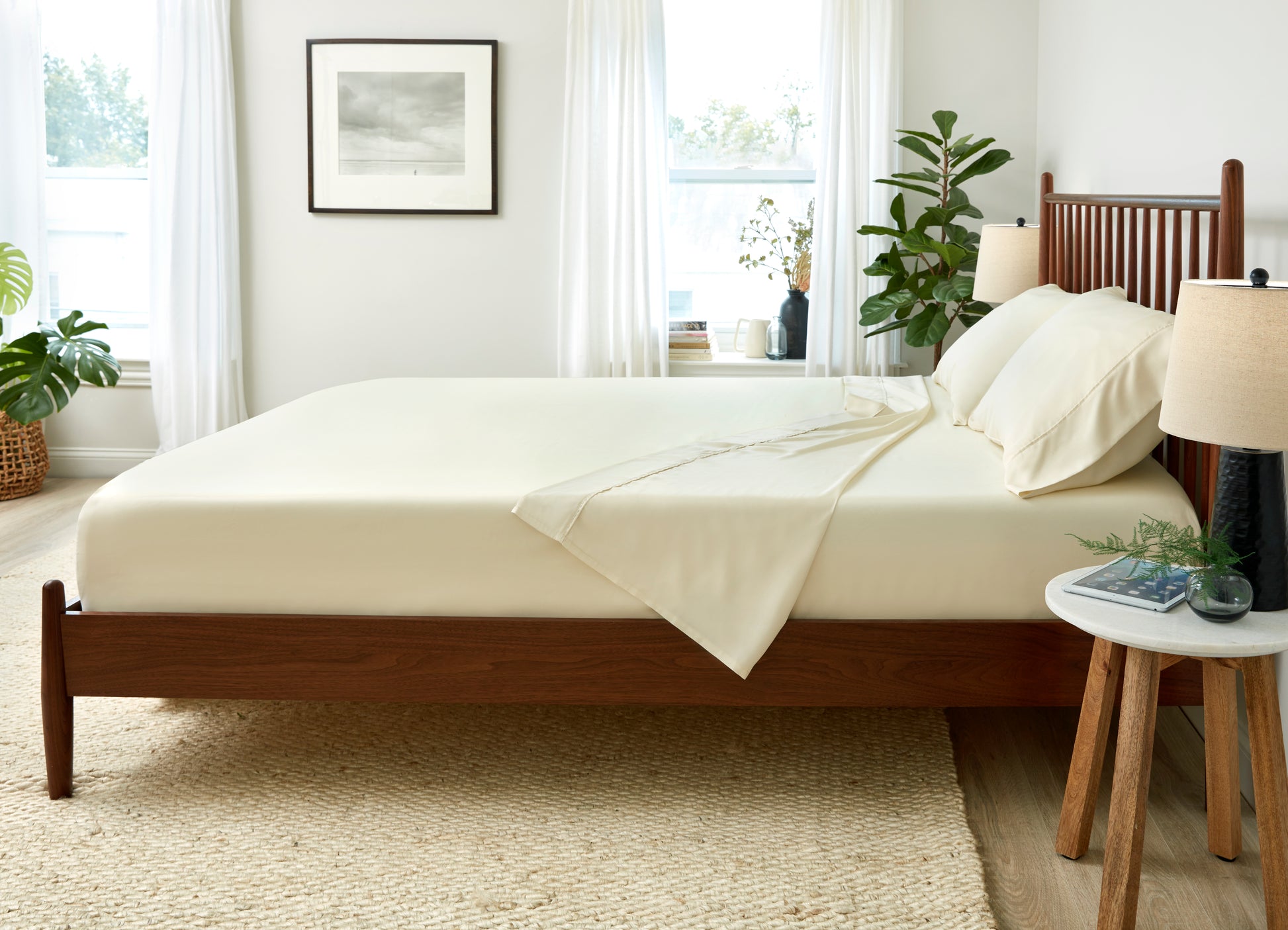 Arctic Aire•MAX Sheet Set on bed in room environment, Ivory #choose-your-color_ivory