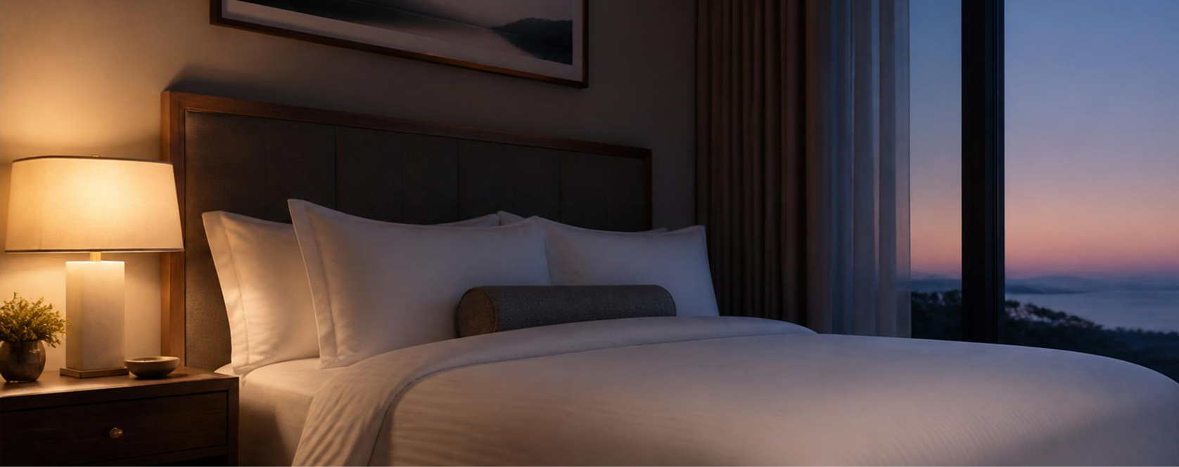 A calming bedroom at twilight