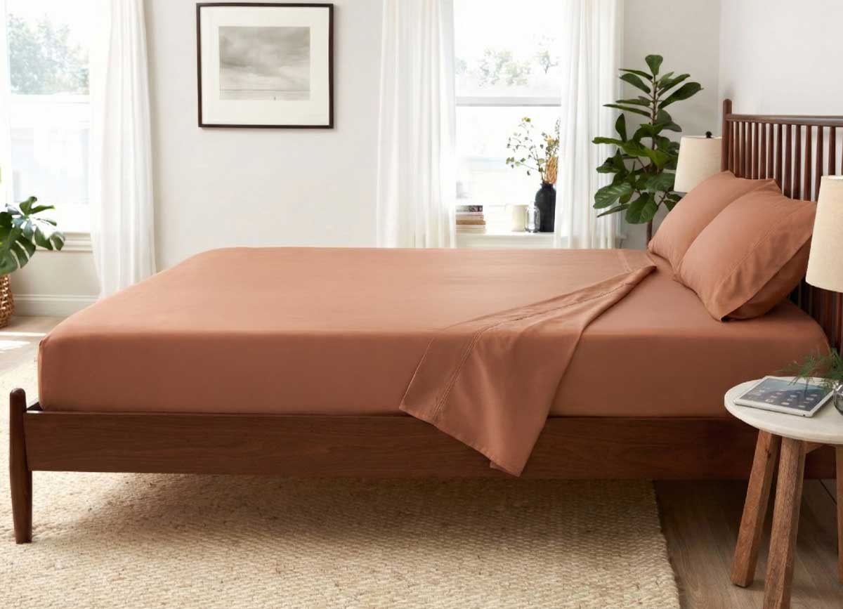 Lifestyle of ARCTIC AIRE•MAX Sheet Set shown in Sunlit Sienna #choose-your-color_sunlit-sienna