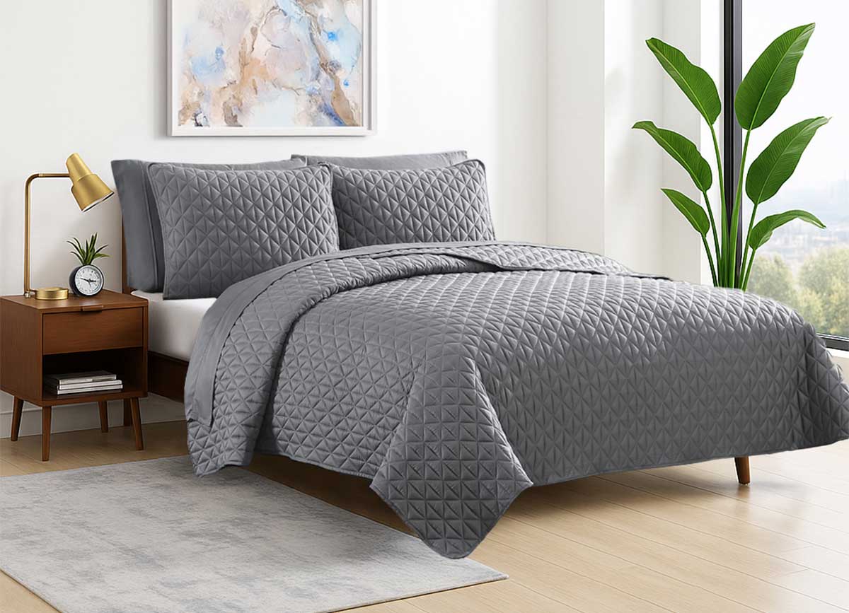 Arctic Diamond Coverlet Set in Charcoal in bedroom environment. #choose-your-color_charcoal