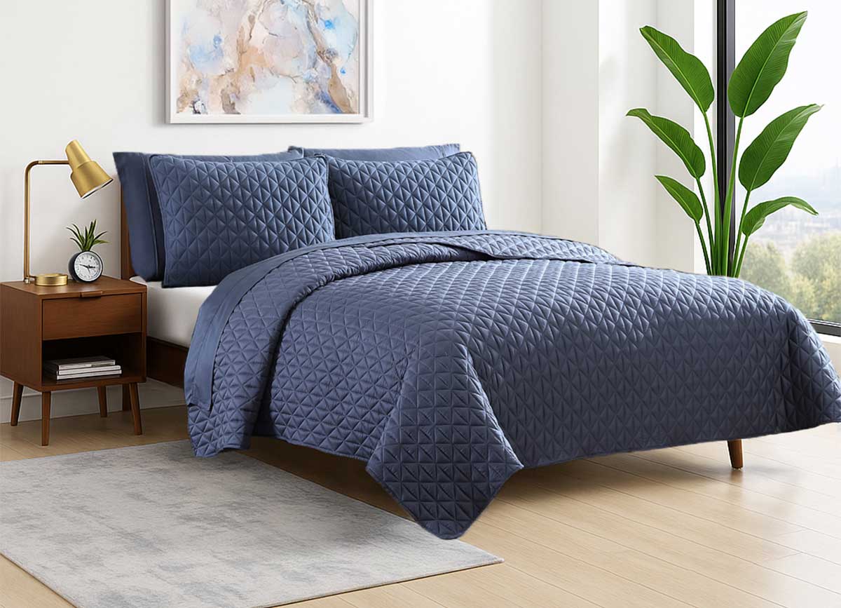 Arctic Diamond Coverlet Set in Navy in bedroom environment. #choose-your-color_navy
