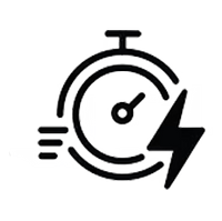 Black icon of a timer with a lightning bolt and equal sign on a white background
