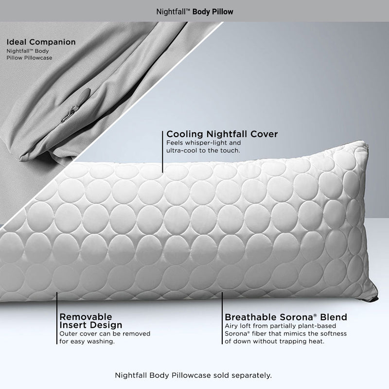Nightfall body pillow shown on a white and grey background with details written about it as follows: cooling nightfall pillow cover, removable insert design, breathable Sorona® Blend fill. Ideal companion is the nightfall body pillow pillowcases.