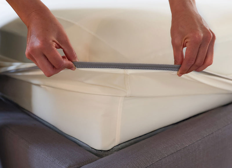 Ecru fitted sheet elastic shown on deep pocket mattress. #choose-your-color_ecru