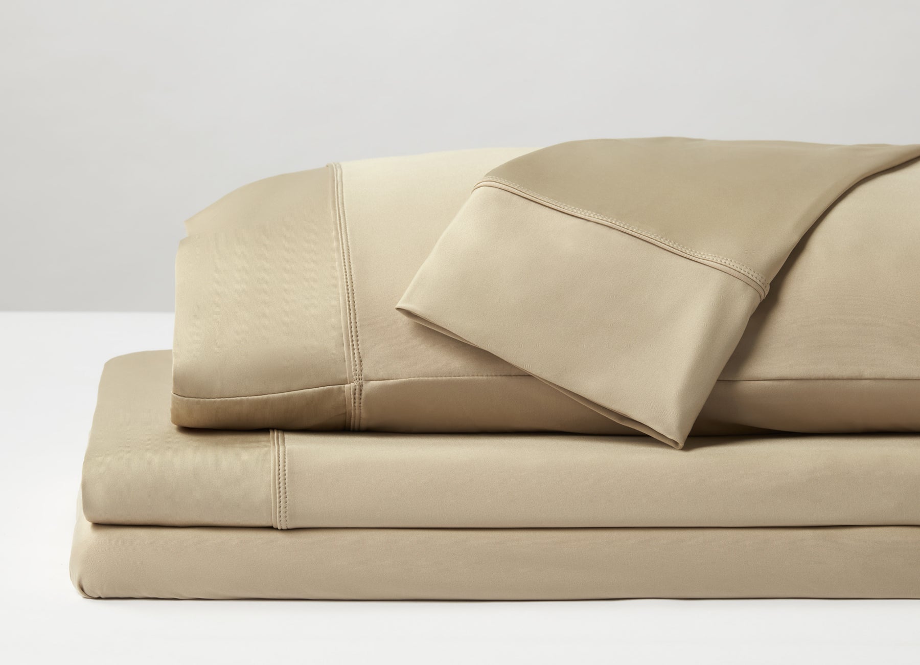 Original Performance Sheet Set on bed in room environment, Khaki #choose-your-color_khaki