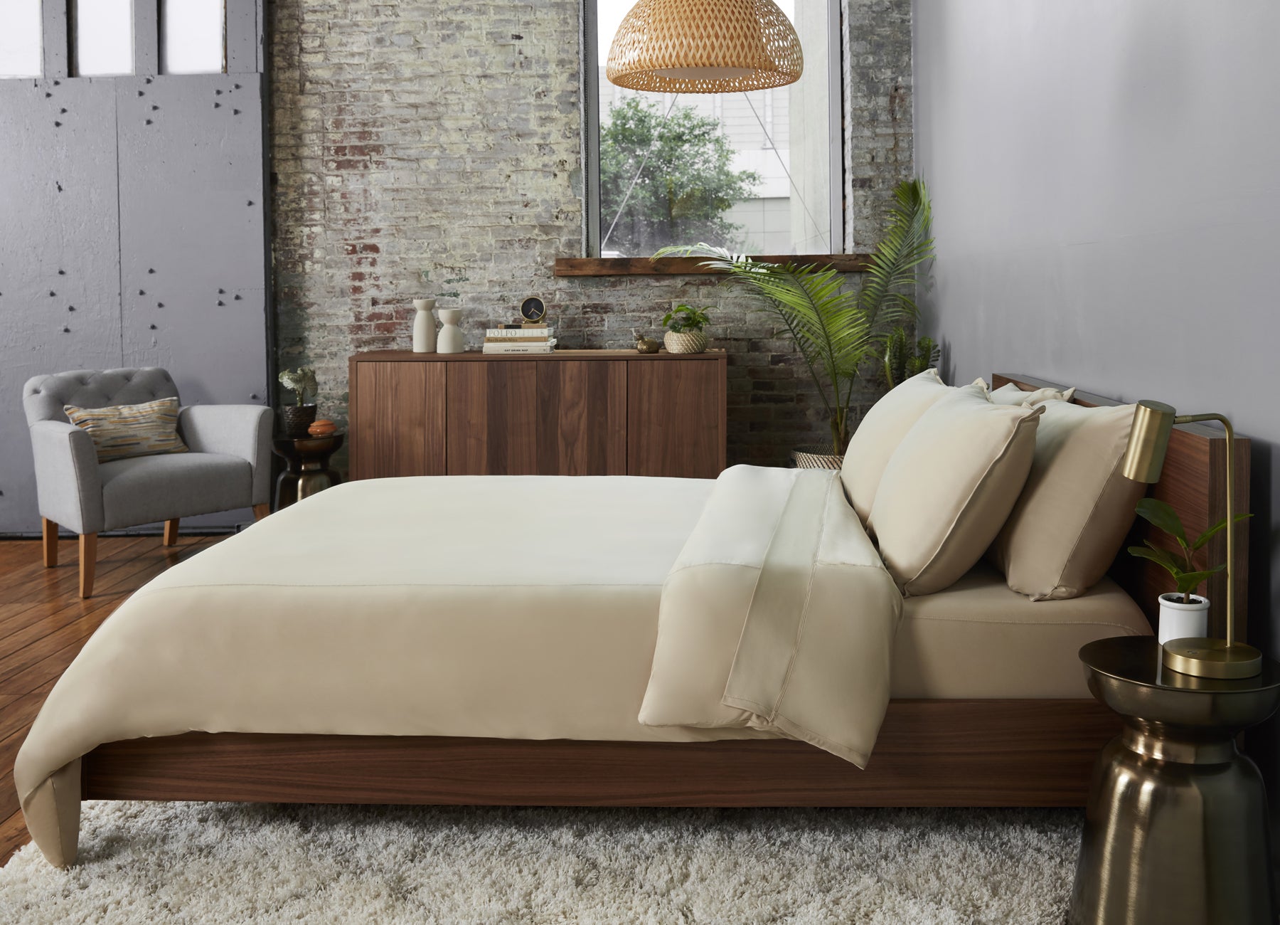 Original Performance Sheet Set on bed in room environment, Khaki #choose-your-color_khaki