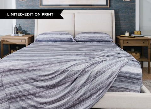 Original Performance Sheet Set on bed image Shown in Graphite Shadow Stripe #choose-your-color_graphite-shadow-stripe