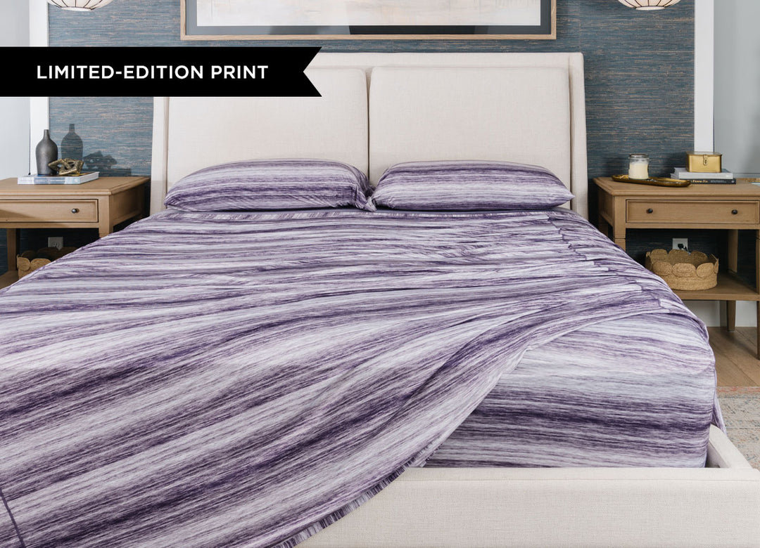 Original Performance Sheet Set on bed image Shown in Royal Plum Shadow Stripe #choose-your-color_royal-plum-shadow-stripe