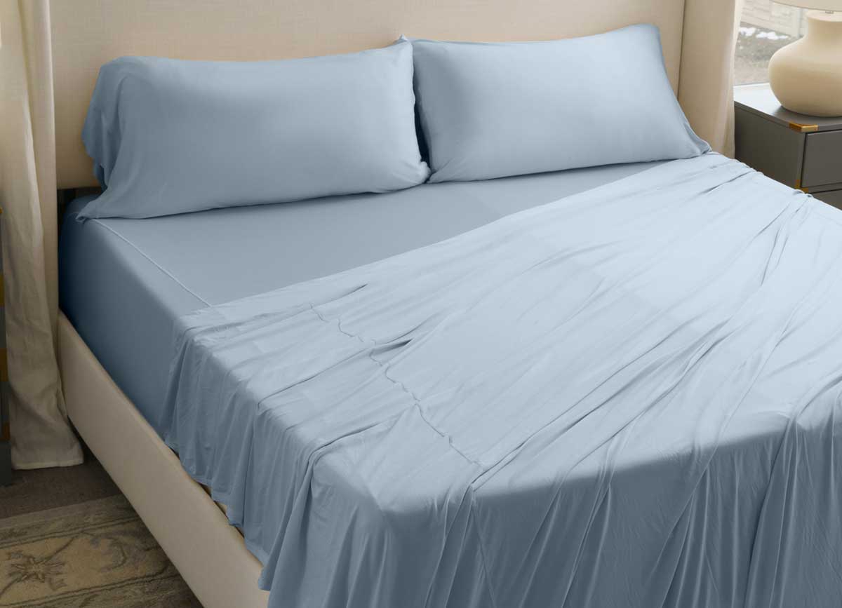 Active Comfort Sheet Set shown on bed #choose-your-color_blue-sky