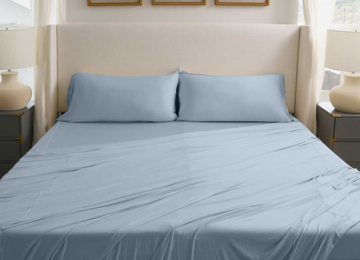 Active Comfort Sheet Set shown on bed #choose-your-color_blue-sky