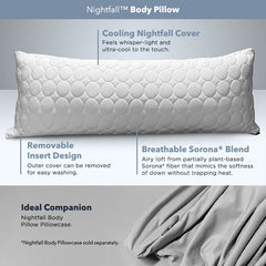 Nightfall body pillow shown on a white and grey background with details written about it as follows: cooling nightfall pillow cover, removable insert design, breathable Sorona® Blend fill. Ideal companion is the nightfall body pillow pillowcases.