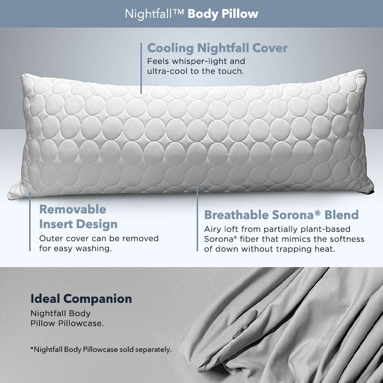 Nightfall body pillow shown on a white and grey background with details written about it as follows: cooling nightfall pillow cover, removable insert design, breathable Sorona® Blend fill. Ideal companion is the nightfall body pillow pillowcases.