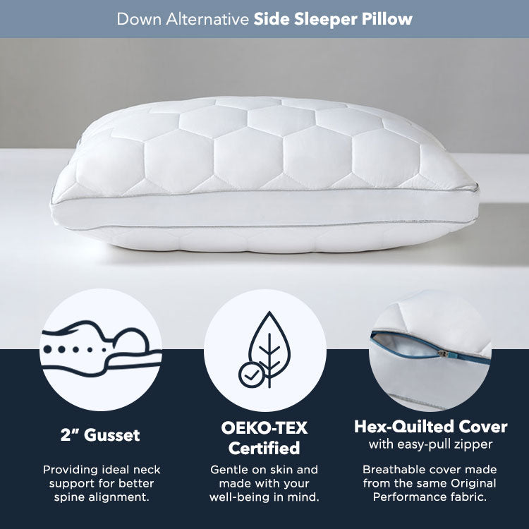 SHEEX Side Sleeper Down Alternative Pillow shown on a grey background but details about the pillow are highlighted. Such as a 2" gusset pillow hight, oeko-tex certified, hex-quilted cover.
