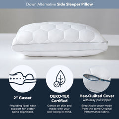 SHEEX Side Sleeper Down Alternative Pillow shown on a grey background but details about the pillow are highlighted. Such as a 2" gusset pillow hight, oeko-tex certified, hex-quilted cover.