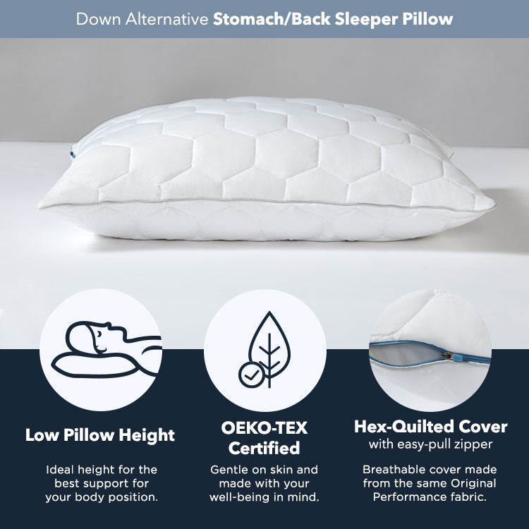 SHEEX Stomach/Back Down Alternative Pillow shown on a grey background but details about the pillow are highlighted. Such as a low pillow hight, oeko-tex certified, hex-quilted cover.