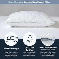 SHEEX Stomach/Back Down Alternative Pillow shown on a grey background but details about the pillow are highlighted. Such as a low pillow hight, oeko-tex certified, hex-quilted cover.