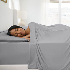 Active Comfort Sheet Set shown on bed with model #choose-your-color_pewter