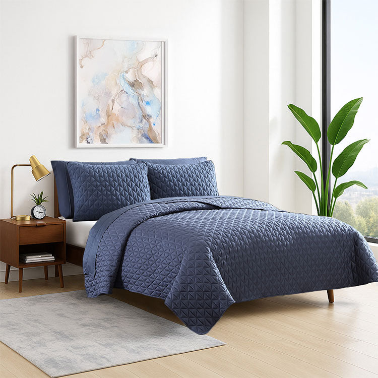 Arctic Diamond Coverlet Set in Navy in bedroom environment. #choose-your-color_navy