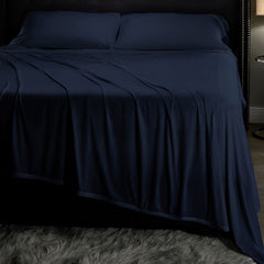 Midnight Label Sheet Set on bed #choose-your-color_nightfall