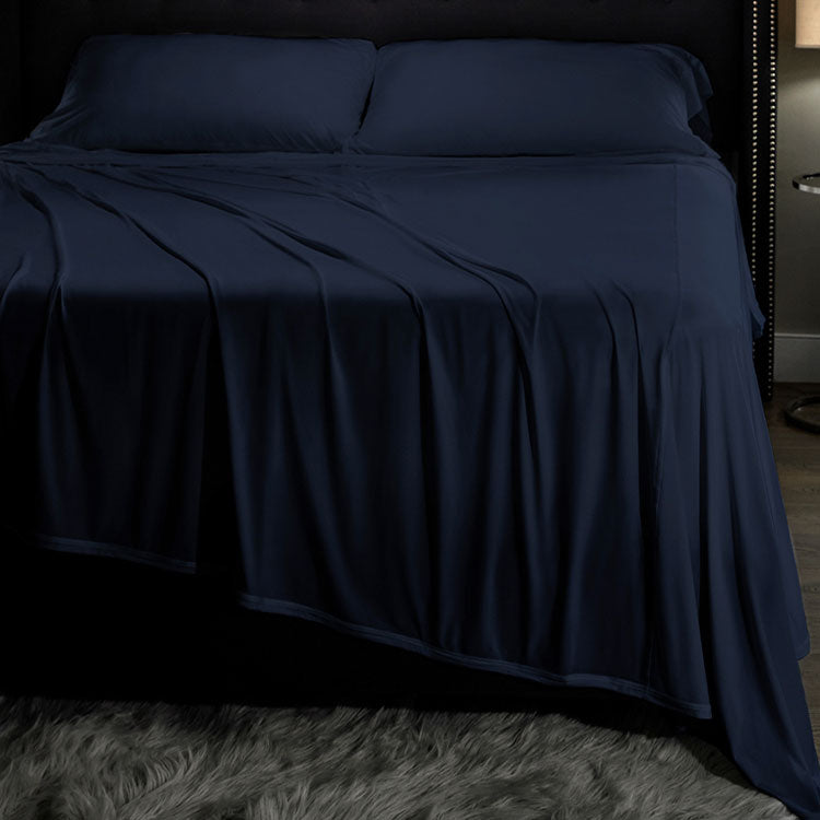 Midnight Label Sheet Set on bed #choose-your-color_nightfall