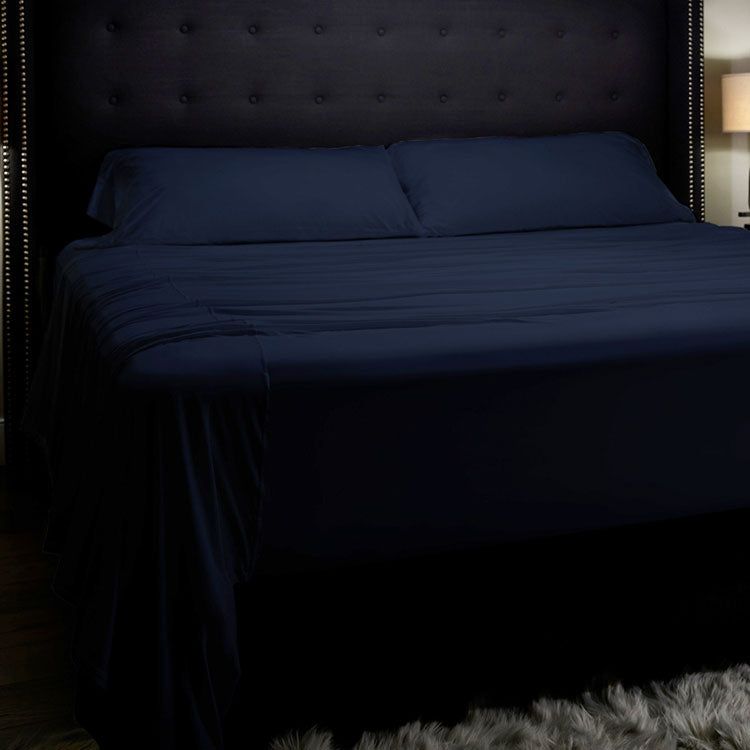 Midnight Label Sheet Set on bed #choose-your-color_nightfall