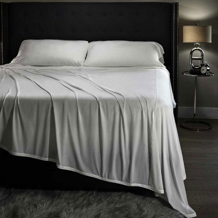 Midnight Label Sheet Set on bed #choose-your-color_porcelain