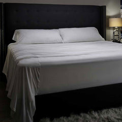 Midnight Label Sheet Set on bed #choose-your-color_porcelain