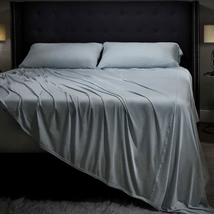 Midnight Label Sheet Set on bed #choose-your-color_spa-blue