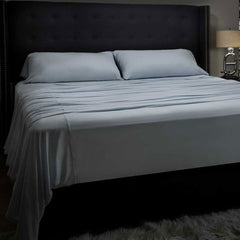 Midnight Label Sheet Set on bed #choose-your-color_spa-blue
