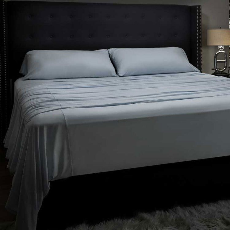 Midnight Label Sheet Set on bed #choose-your-color_spa-blue