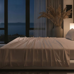 Bed has Nightfall Sheet Sets in Sand Dune color.#choose-your-color_sand-dune