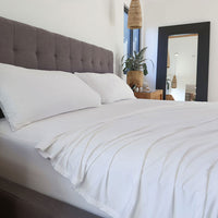 Bright White sheet set shown on bed in bedroom environment. #choose-your-color_bright-white