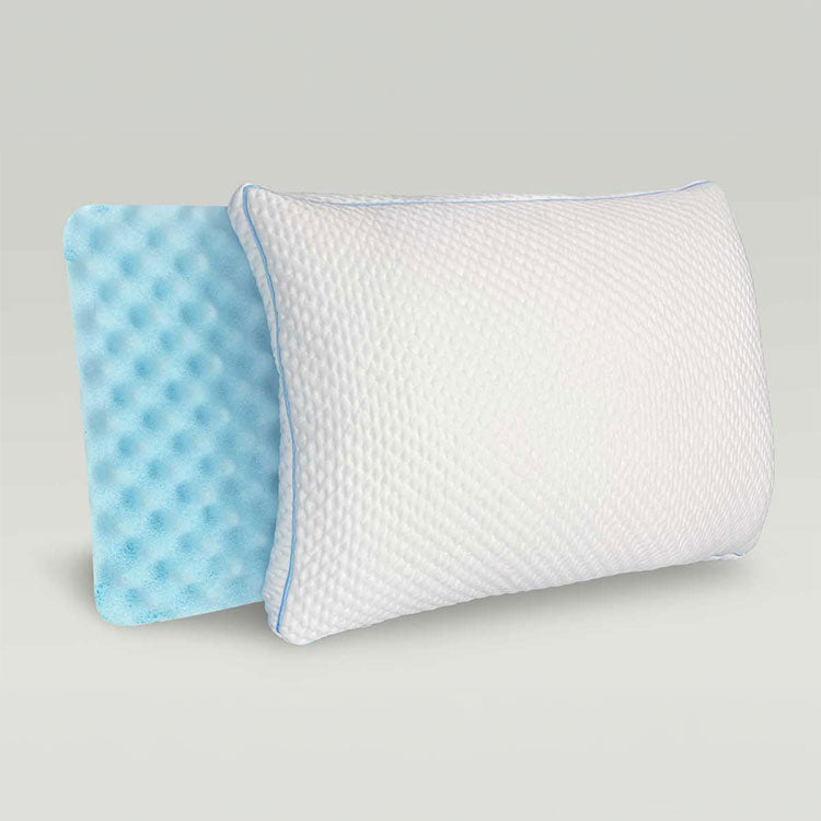 Two SHEEX Versa Cloud Pillows being shown on grey background. One showing the blue cooling foam and the other is showing the pillow fully zipped.