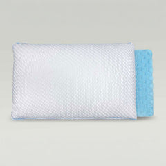 Two SHEEX Versa Cloud Pillows being shown on grey background. One showing the blue cooling foam and the other is showing the pillow fully zipped.