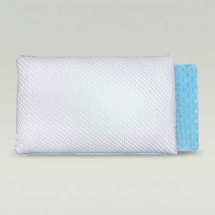 Two SHEEX Versa Cloud Pillows being shown on grey background. One showing the blue cooling foam and the other is showing the pillow fully zipped.