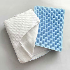 SHEEX Versa Cloud Pillow unzipped with blue cooling foam showing and down alternative fiber fill behind the foam - on grey background. 