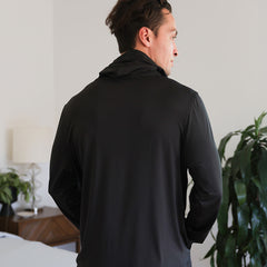 Model wearing black SHEEX Men's Hoodie #choose-your-color_black