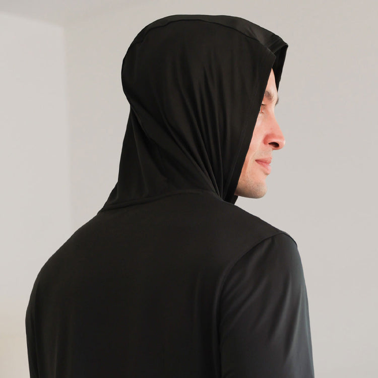 Model wearing black SHEEX Men's Hoodie #choose-your-color_black