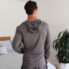 Model wearing graphite SHEEX Men's Hoodie #choose-your-color_graphite