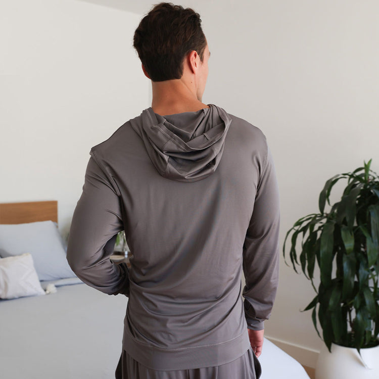 Model wearing graphite SHEEX Men's Hoodie #choose-your-color_graphite