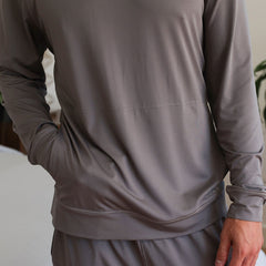 Model wearing graphite SHEEX Men's Hoodie #choose-your-color_graphite