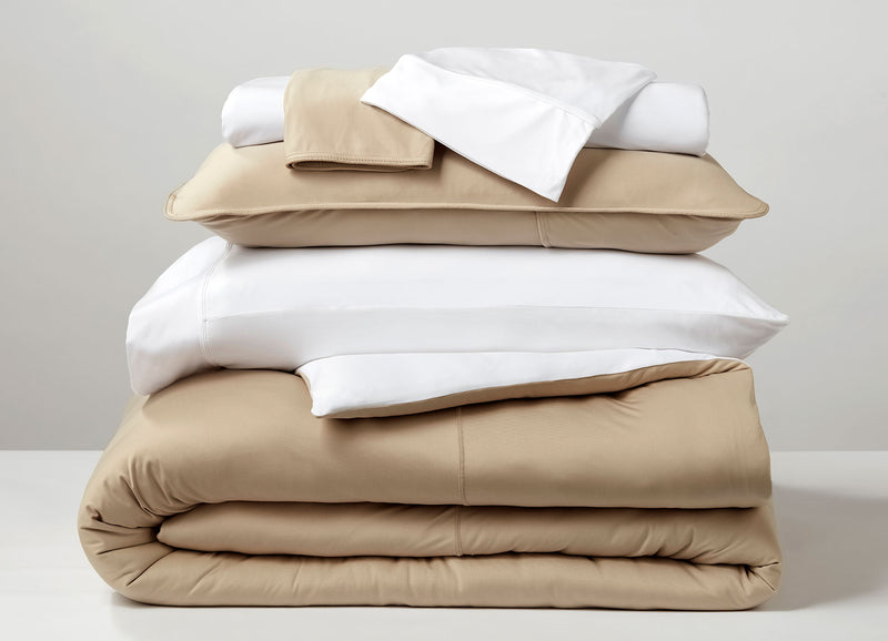 Studio Tech Bedding in Khaki and Bright White shown stacked #choose-your-color_khaki-brtwhite
