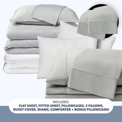 Arctic Aire•MAX Bedding Bundle includes a flat sheet, fitted sheet, pillowcases, a duvet cover & shams, nightfall cool cloud comforter, two pillows and two bonus pillowcases.