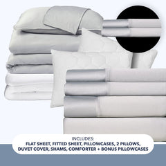 Active Comfort Bedding Bundle includes a flat sheet, fitted sheet, pillowcases, a duvet cover & shams, nightfall cool cloud comforter, two pillows and two bonus pillowcases.