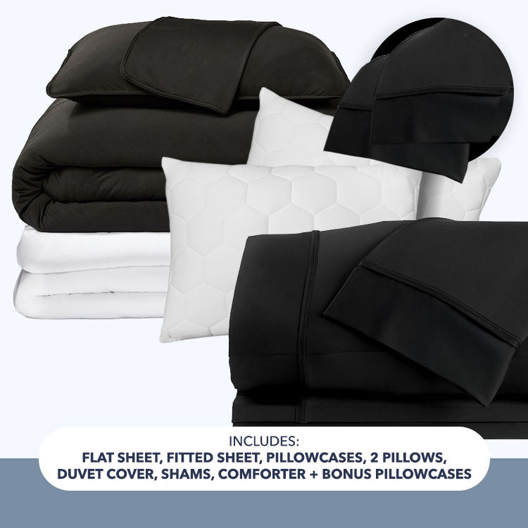  Nightfall Comfort Bedding Bundle includes a nightfall flat sheet, fitted sheet, pillowcases, a duvet cover and shams, a nightfall comforter, two pillows and two bonus pillowcases.