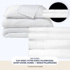 Active Comfort Essential Bedding Bundle includes a flat sheet, fitted sheet, pillowcases, a duvet cover & shams, and bonus pillowcases.